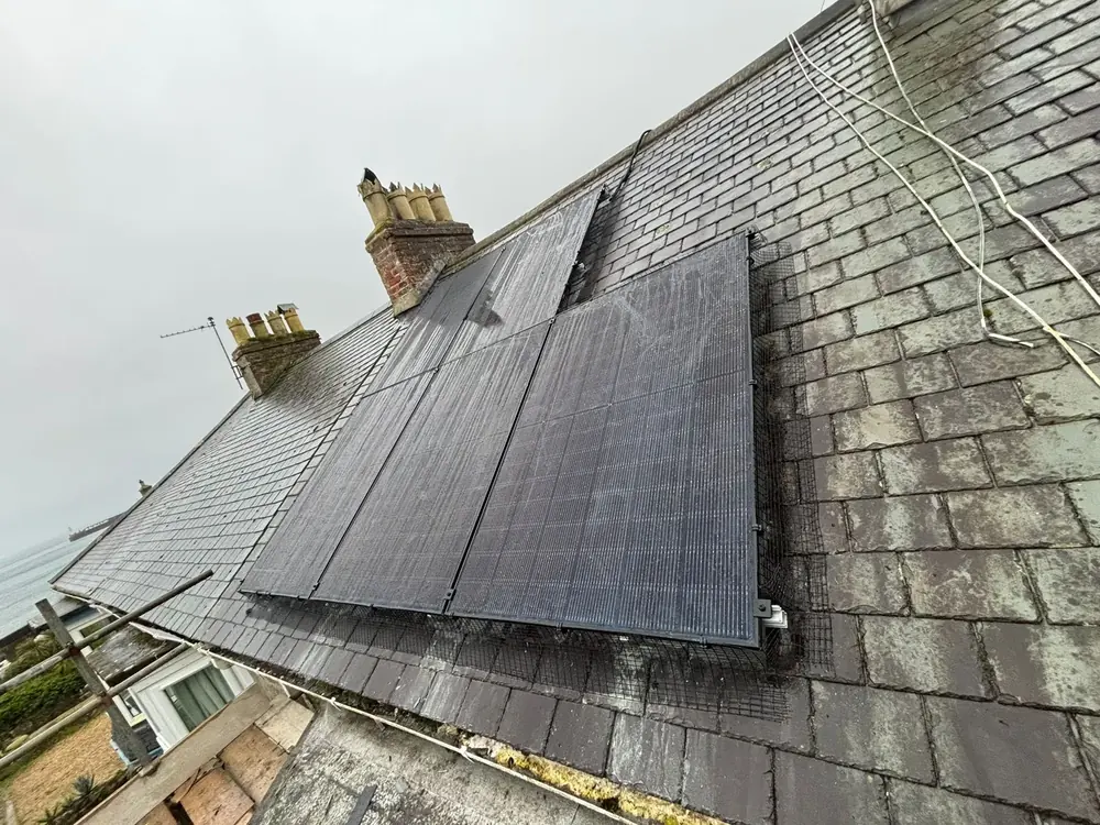 Solar panel installation on a slate roof in Penzance, Cornwall